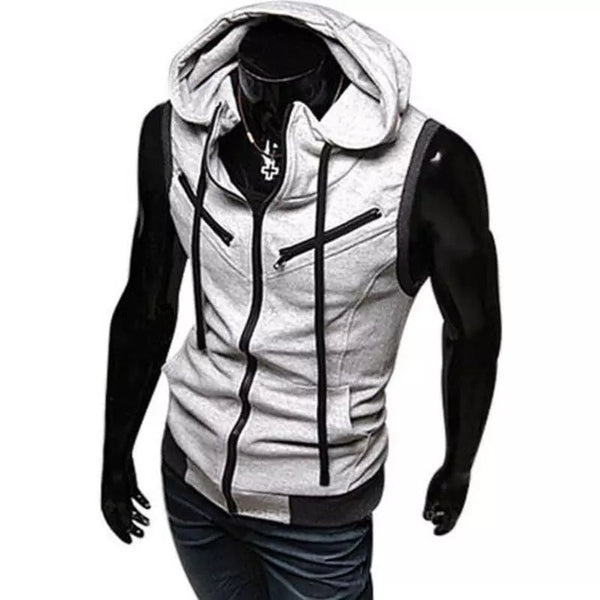 Grey Sleeveless Hooded Zipper Sport Gym Warm