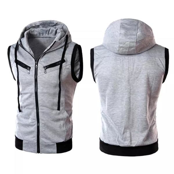 Grey Sleeveless Hooded Zipper Sport Gym Warm