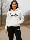 Smile Heart Printed White Hoodie & Black Trouser Tracksuit – Winter Fleece Set for Women