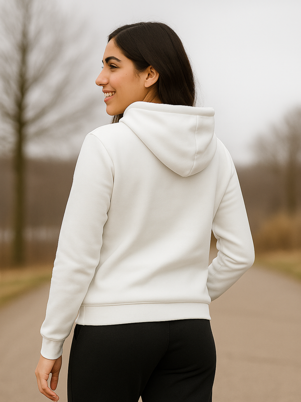 Smile Heart Printed White Hoodie & Black Trouser Tracksuit – Winter Fleece Set for Women