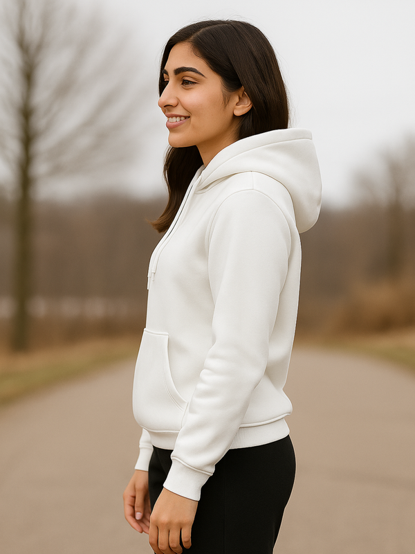 Smile Heart Printed White Hoodie & Black Trouser Tracksuit – Winter Fleece Set for Women