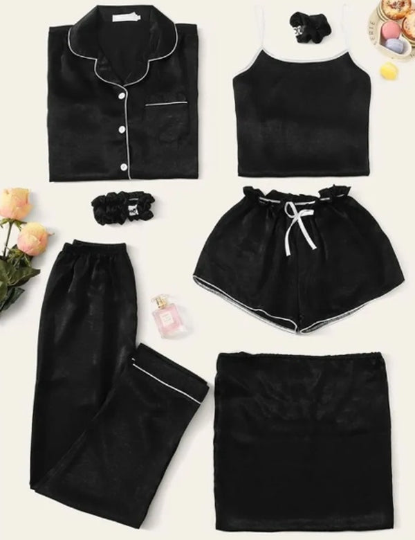 7 Piece Nightwear For Comfort Night Black Free Size