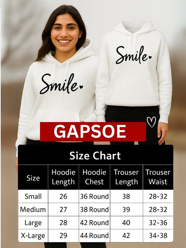 Smile Heart Printed White Hoodie & Black Trouser Tracksuit – Winter Fleece Set for Women