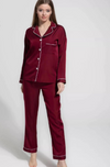 Silky Maroon Silk Night Suit Turn Down Collar Long Sleeves