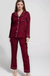 Silky Maroon Silk Night Suit Turn Down Collar Long Sleeves