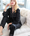 Black Silk Night Suit Turn Down Collar Long Sleeves