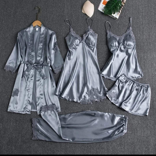 5 PIECE NIGHTWEAR . 05 Piece Bridal Nightwear Silk Grey Stone