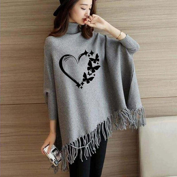 Grey Love Butterfly Printed Poncho