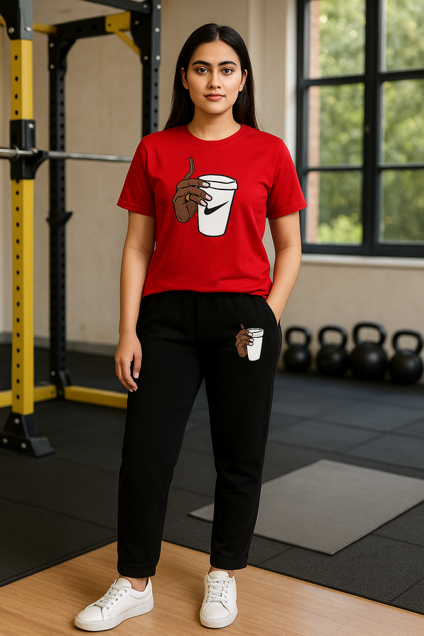 Tracksuit For Women And Girls In Red T Shirt Round Neck Half Sleeves