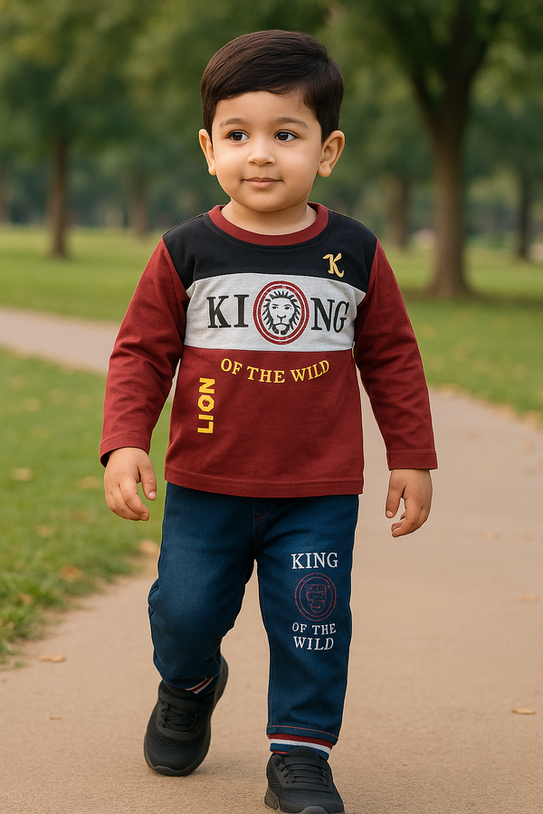 King of the Wild – Blue & Mahroon Printed Kids Suit
