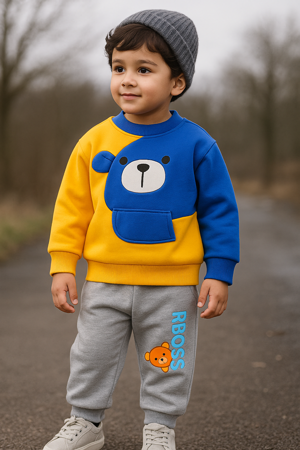 Yellow & Blue Bear Printed Kids Sweatshirt Set
