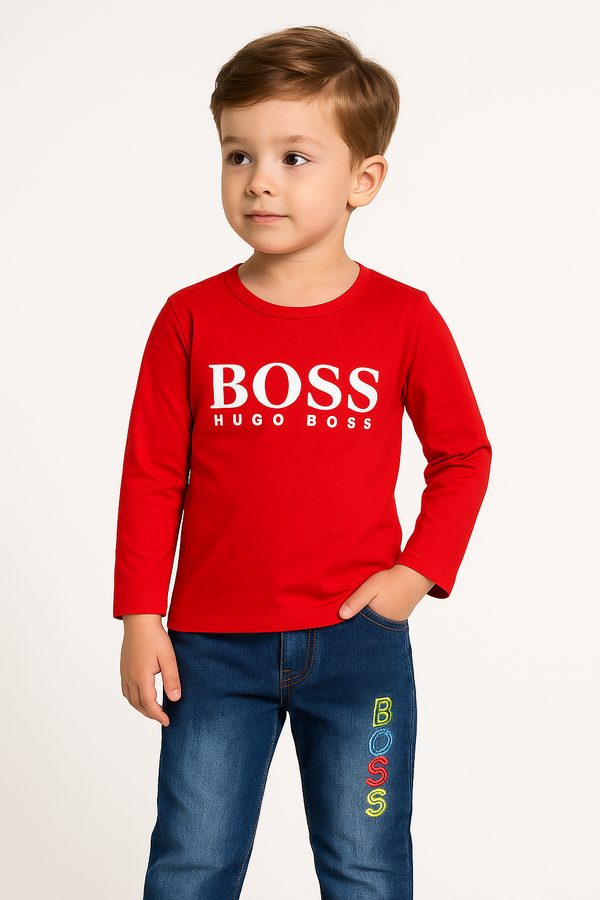 Boss Printed Kids Formal Wear With Denum Paint Red Color