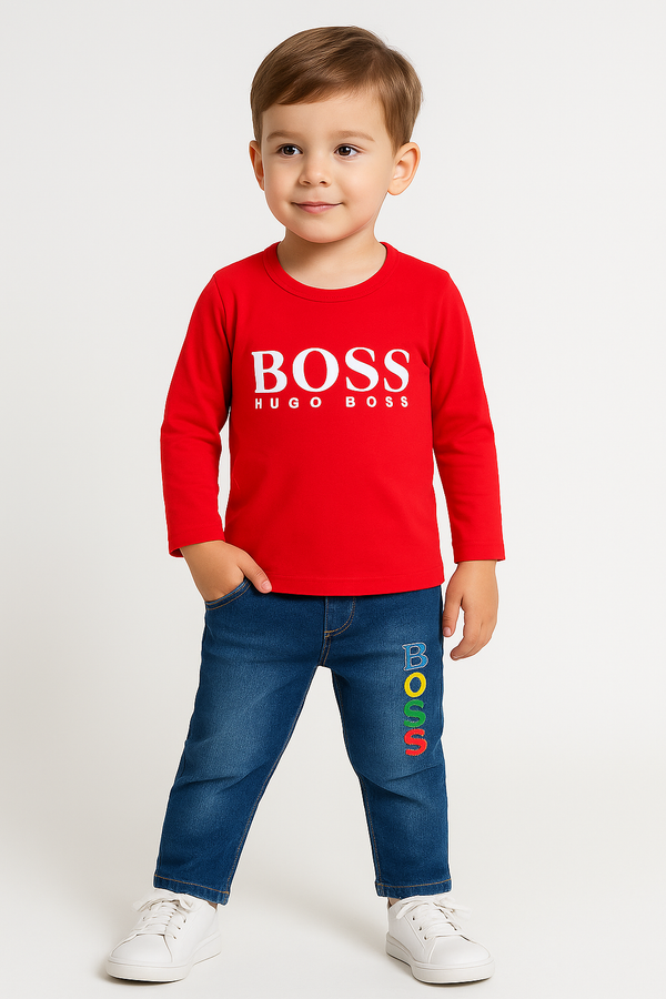 Boss Printed Kids Formal Wear With Denum Paint Red Color