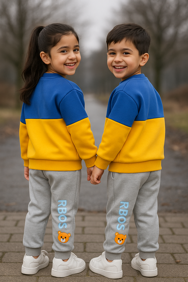Yellow & Blue Bear Printed Kids Sweatshirt Set