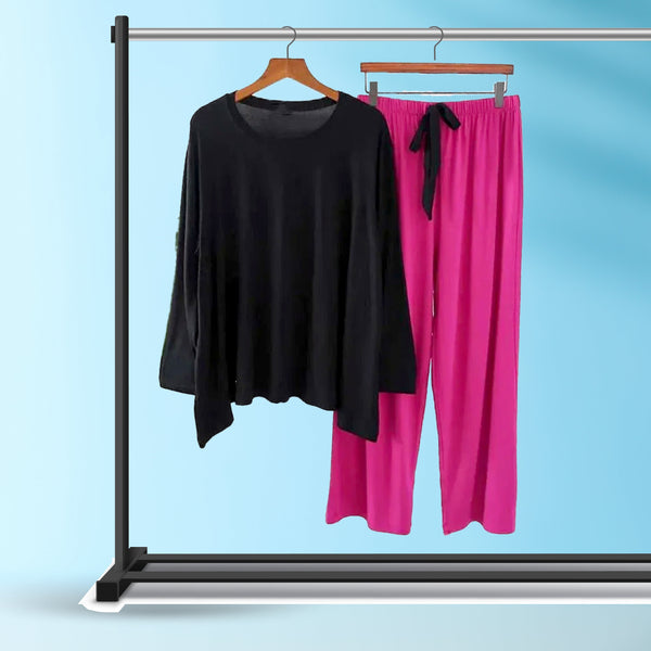 Black and Magenta 2Pcs StitchedLoungewear