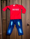 Boss Printed Kids Formal Wear With Denum Paint Red Color